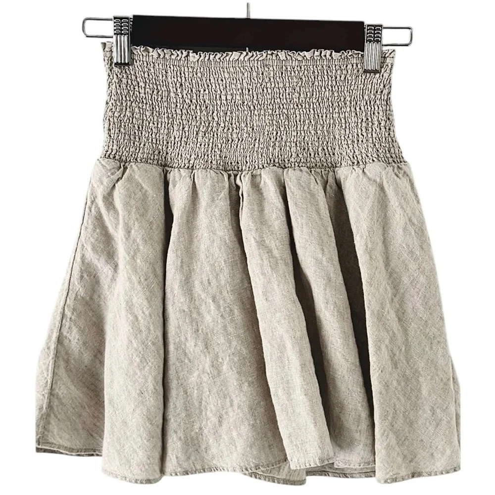 NEW! LINEN J. CREW Smocked Waist Mini Skirt Taupe 100% Linen Taupe Neutral NWT